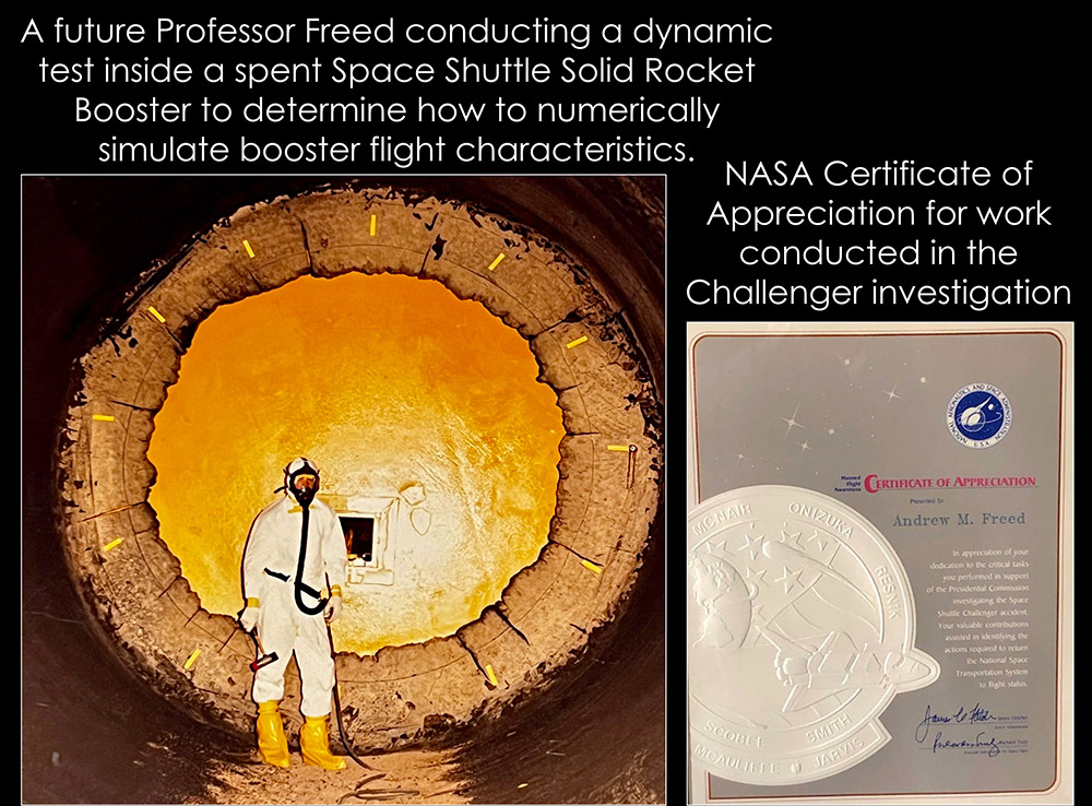 A future Professor Freed conducting a dynamic test inside a spent Space Shuttle Solid Rocket Booster to determine how to numerically simulate booster flight characteristics.